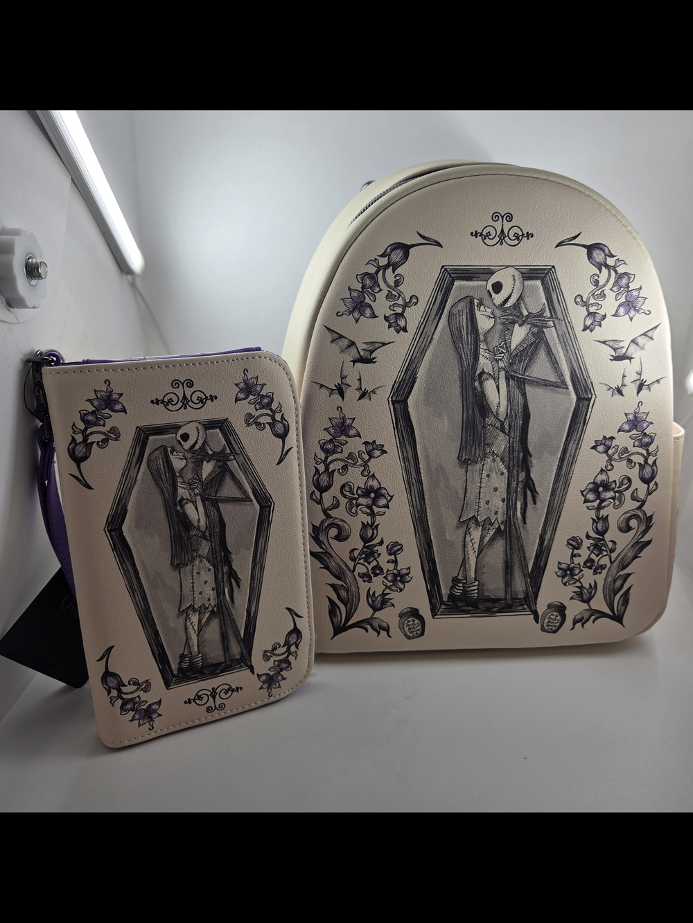 Loungefly Cream and Purple Jack Skellington Coffin Backpack and Wallet Set